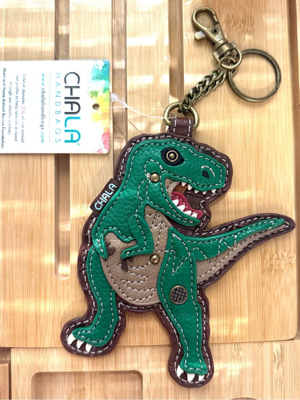 Chala Green & Tan Dinosaur Keychain Bag Charm with Bronze Hardware